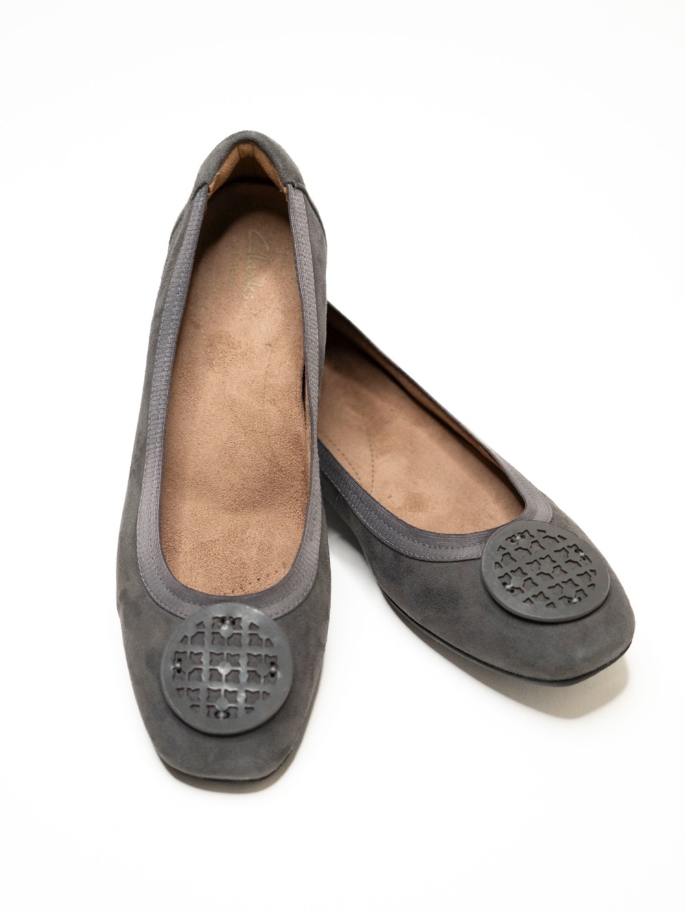 Clarks Gray Suede Women's Ballet Flats with Decorative Toe Medallion